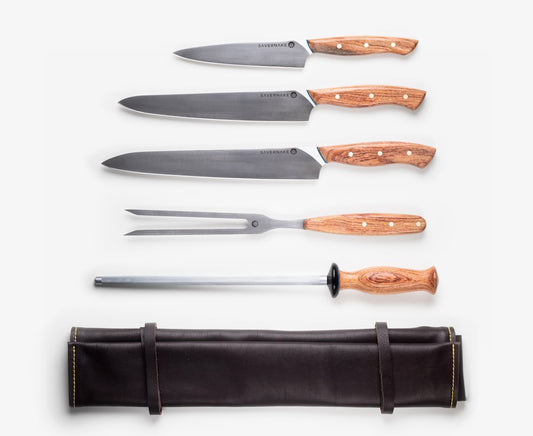 Close-up of a balanced Japanese kitchen knife showing weight distribution