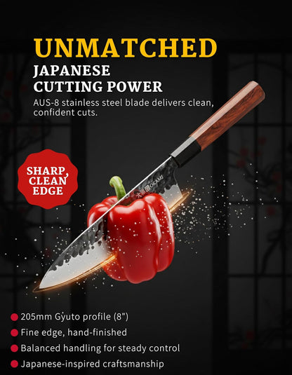 Classic Chef Knife 8 Inch – Japanese AUS 8 Steel Gyuto Knife, Ultrasharp & Perfectly Balanced Kitchen Knife with Rosewood