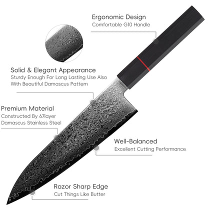 Okami Blades 8″ Japanese Chef’s Knife – AUS‑10 Core, 67‑Layer Damascus, Resin Handle – Gift‑Ready Premium Kitchen Blade